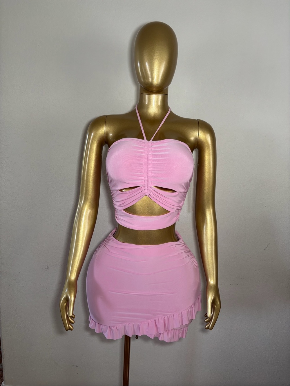 Women's Pink Ruched Cutout Skirt Set - Halter Crop & Ruffle Mini Skirt